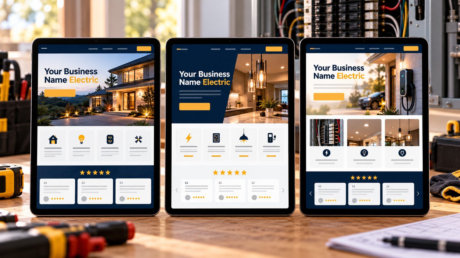 Three tablets showing different sample website template layouts for an electrician business, each with a hero banner, services grid and reviews.