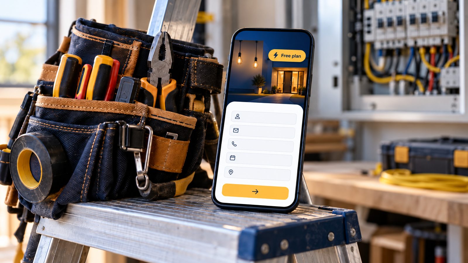 A smartphone on a ladder next to an electrician tool belt, showing a sample free-plan electrician website with a booking request form.