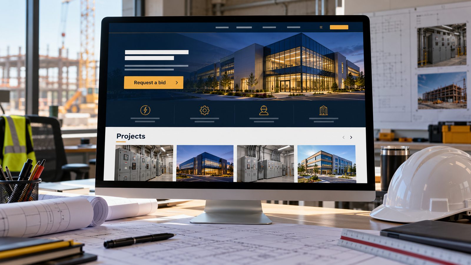 A desktop monitor in a site office showing a sample commercial electrical contractor website with a Projects gallery and a Request a bid button.